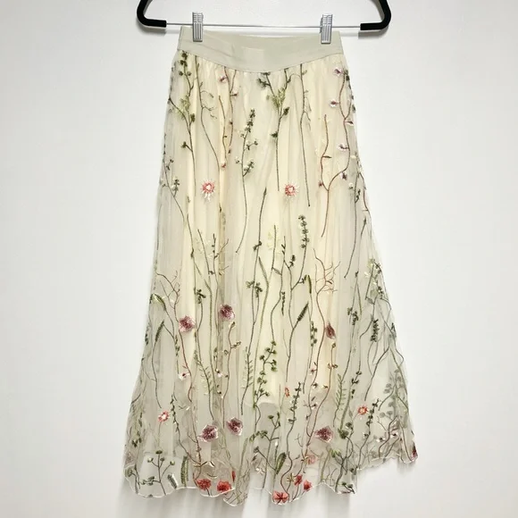 NWT RIHOAS "High Waisted Floral Embroidery A-line Midi Skirt" Sz XS - Picture 2 of 8